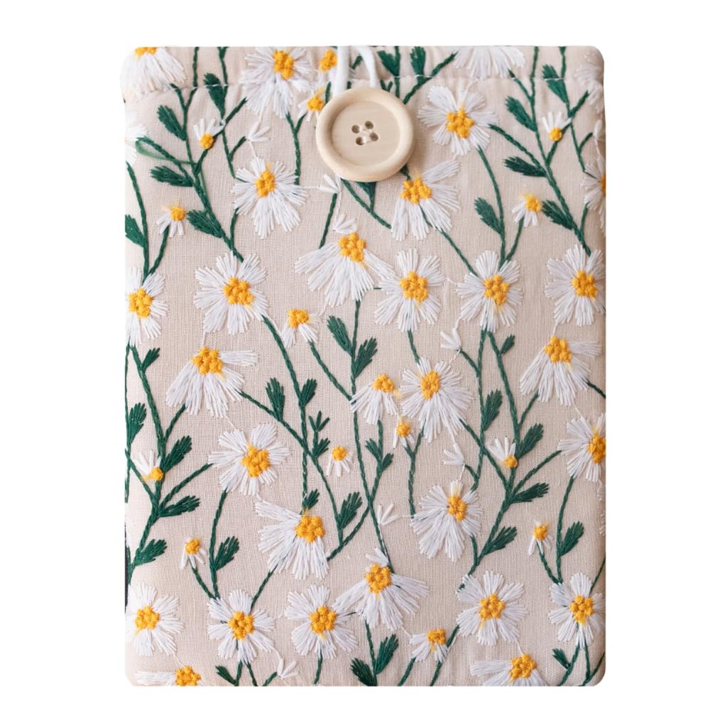 Embroidered Fabric Sleeve for Kindle Paperwhite, Kindle Basic, Kobo Clara 2E, Boox Palma, Nook Glowlight  Protective Cloth Cover for Tablets & E-Readers Handcrafted - White & Beige Daisy