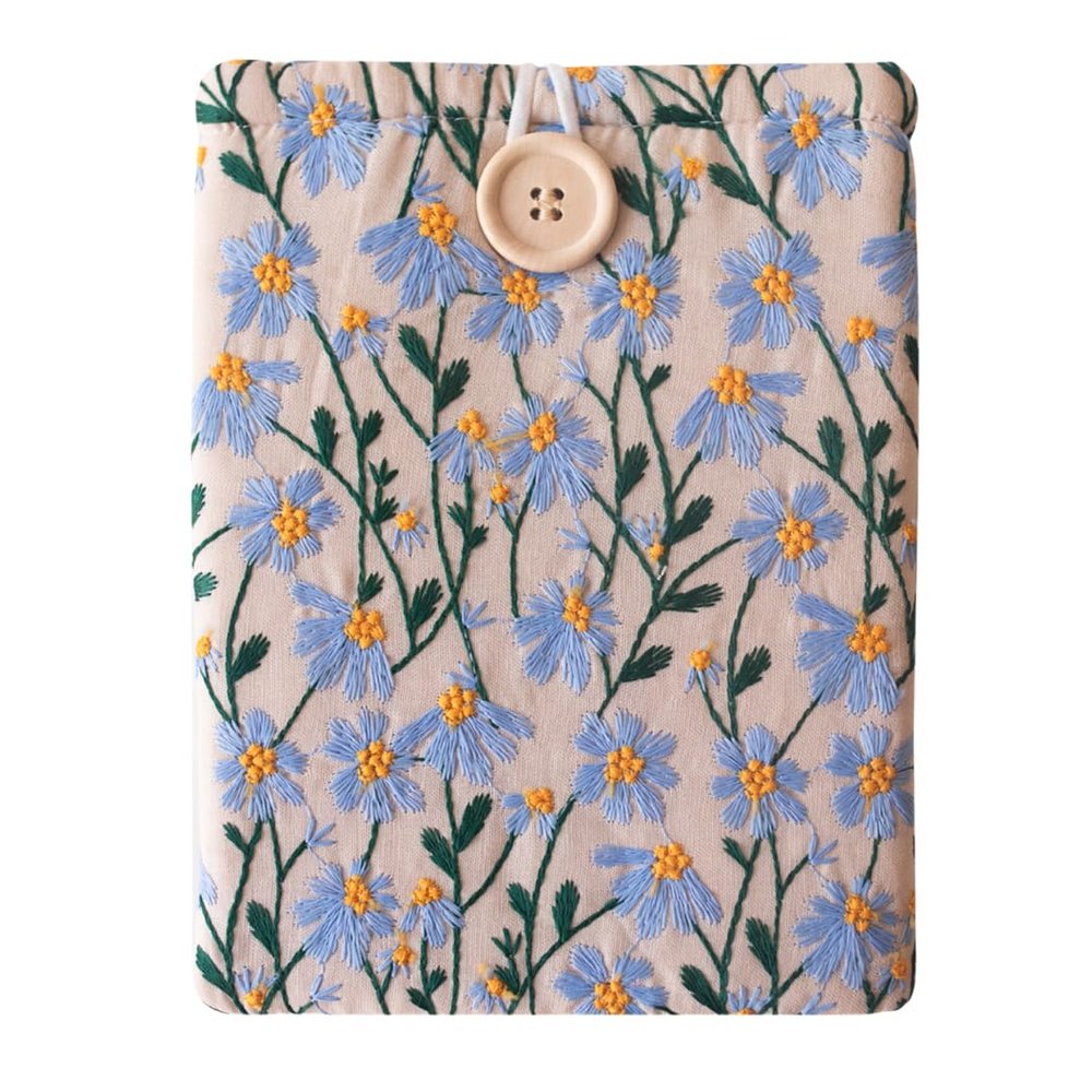 Embroidered Fabric Sleeve for Kindle Paperwhite, Kindle Basic, Kobo Clara 2E, Boox Palma, Nook Glowlight  Protective Cloth Cover for Tablets & E-Readers Handcrafted - Blue & Beige Daisy