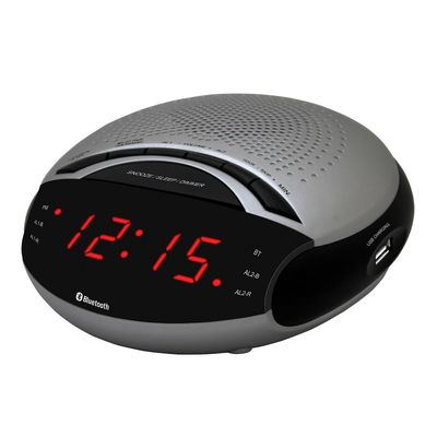 HANNLOMAX HX-139CR Alarm Clock Radio, PLL FM Radio with Preset Stations, Dual Alarm, 0.6 Red LED Display, USB Port for 1A Charging, Bluetooth, AC Power Operation only. (Light Grey)