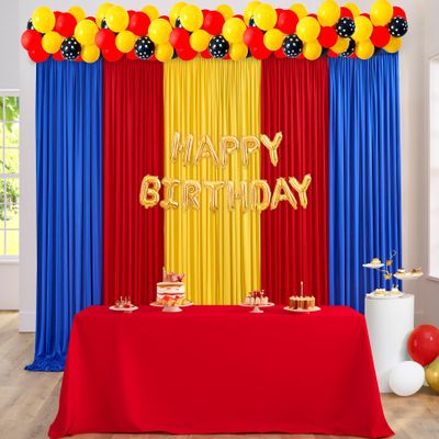 10ft x 15ft Thick Backdrop Curtain for Parties, Yellow Red Royal Blue Wrinkle Free Photography Backdrop Drapes, 6 Panels 2.5ft x 10ft Theme Party Backdrop Drapes for Baby Birthday Party Decorations