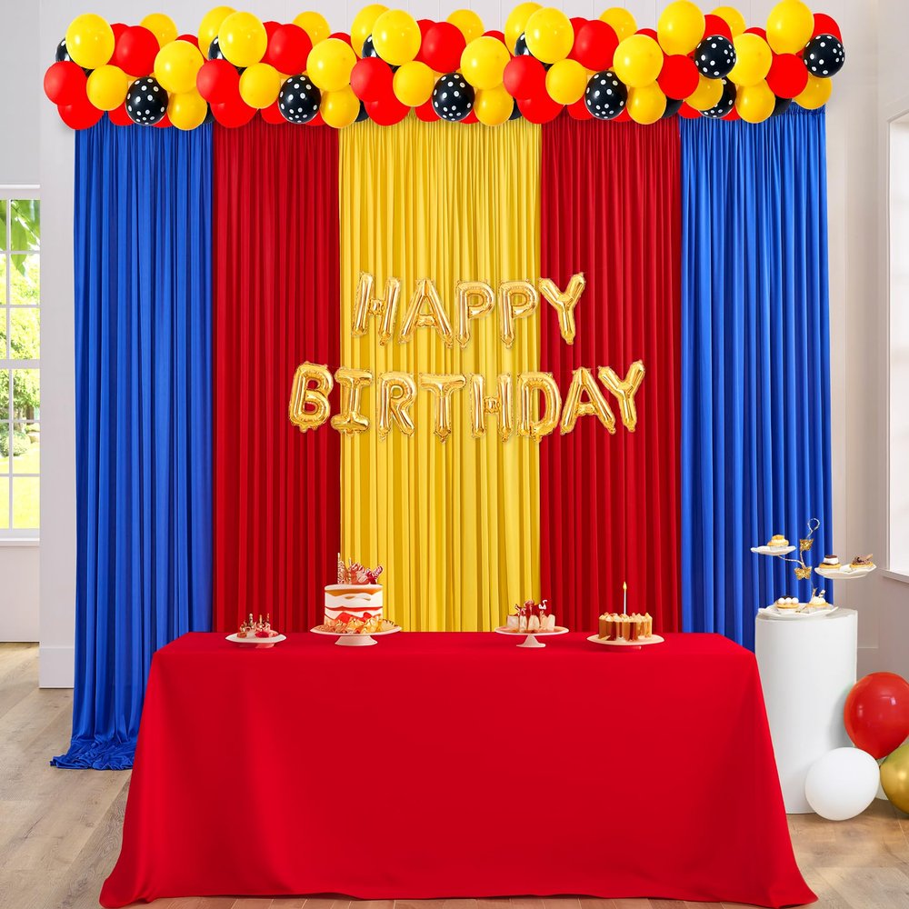 10ft x 15ft Thick Backdrop Curtain for Parties, Yellow Red Royal Blue Wrinkle Free Photography Backdrop Drapes, 6 Panels 2.5ft x 10ft Theme Party Backdrop Drapes for Baby Birthday Party Decorations