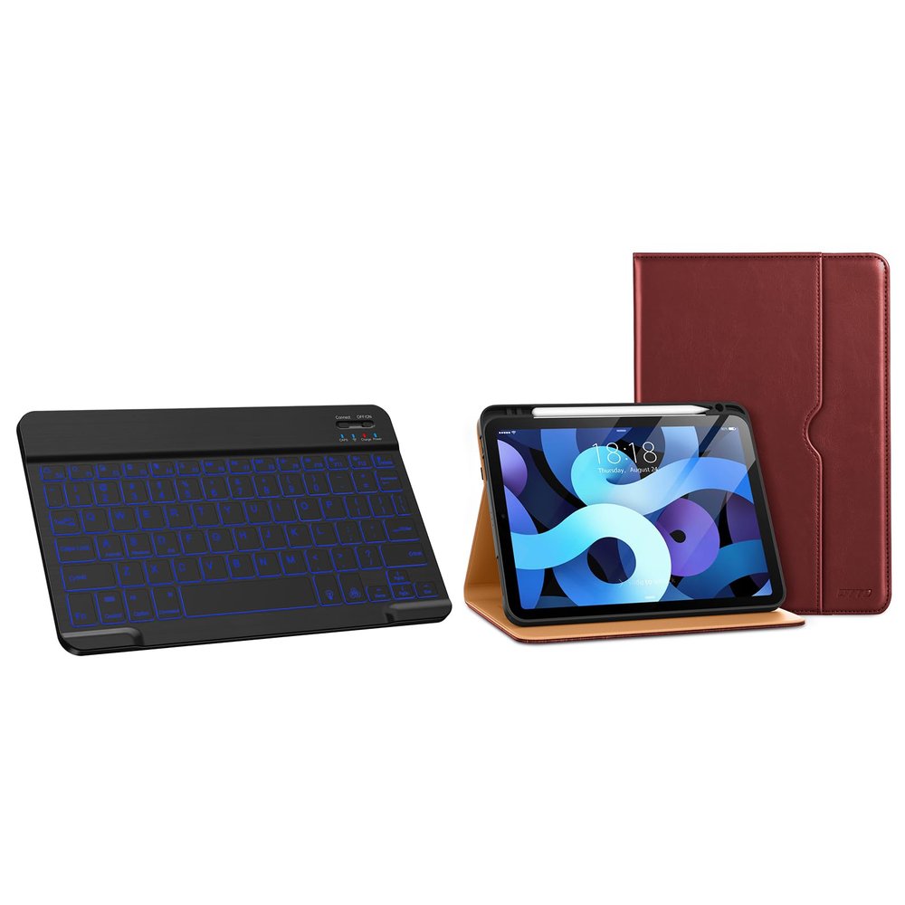 DTTO for iPad Air 5th/4th Generation Case 2022/2020, Premium Leather Folio Stand Cover with Pencil Holder[2nd Pencil Charging] and Bluetooth Keyboard, Wireless Rechargeable Keyboard, Burgundy Red