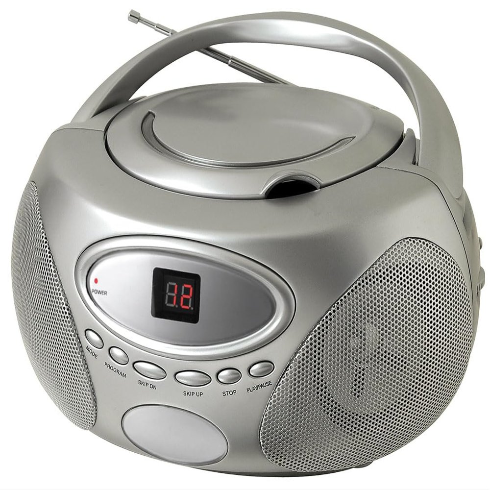 HANNLOMAX HX-333CD Portable CD Boombox, AM/FM Radio, LED Display, Aux-in Jack, AC/DC Dual Power Source. (Silver)