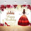 12x8ft Happy Birthday Backdrop for Girl Quinceanera Burgundy Red Flowers Photography Background Princess 15th Birthday Party Banner Cake Table Decorations Photo Booth Props view 1