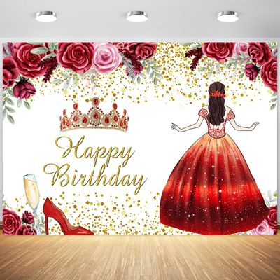 15x10ft Happy Birthday Backdrop for Girl Quinceanera Burgundy Red Flowers Photography Background Princess 15th Birthday Party Banner Cake Table Decorations Photo Booth Props