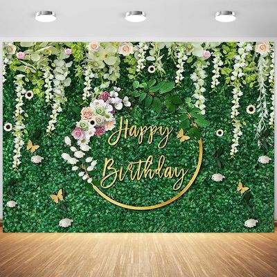 12x8ft Happy Birthday Greenery Backdrop Green Leaves White Flowers Wall Photography Background Girls Women Birthday Party Cake Table Banner Decorations Photo Booth Props