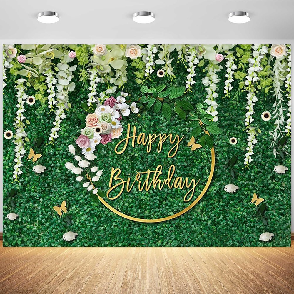 12x8ft Happy Birthday Greenery Backdrop Green Leaves White Flowers Wall Photography Background Girls Women Birthday Party Cake Table Banner Decorations Photo Booth Props