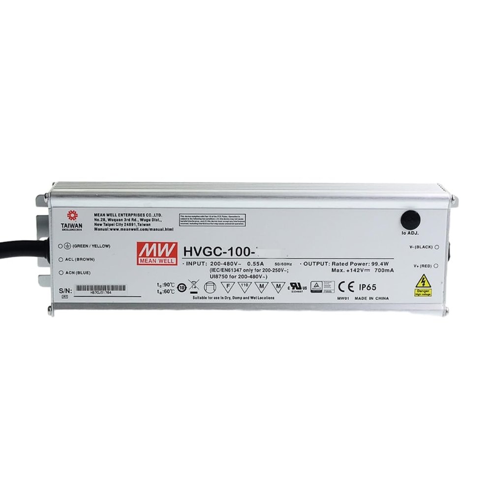 Mean Well HVGC 100W 29-285V 350mA LED Driver HVGC-100-350B AC-DC Constant Current Voltage Switching Power Supply Converter Transformer with IP67, PFC, 3 in 1 Dimming