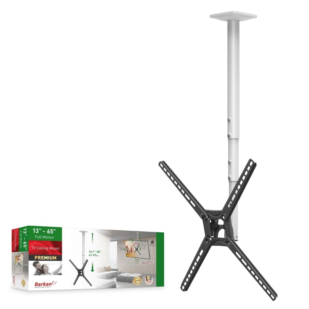 Barkan 38'' Long White TV Ceiling Mount, 13-65 inch Full Motion - 3 Movement Flat/Curved Screen Bracket Holds up to 88lbs, Telescopic Height Adjustment, Fits LED OLED LCD