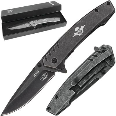HOKC Airborne | 322-580005 | Pocket Knife, EDC Knife by Official Dealer - Frame Lock, Steel Handle, Ball Bearing Pivot, Ambidextrous Thumb Stud, Finger Flipper, Comfortable Pocket Clip, Long and Durable AUS8 Stainless Steel, Black Stone Wash Finished
