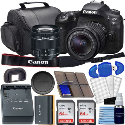 Camera EOS 90D DSLR Camera Bundle with EF-S 18-55mm f/4-5.6 is STM Lens + 2pc SanDisk 64GB Memory Cards + Deluxe Bag + Professional Kit (Renewed)