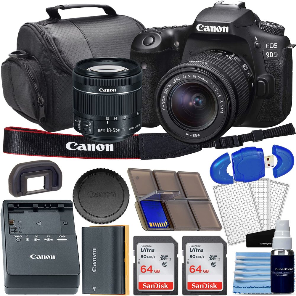 Camera EOS 90D DSLR Camera Bundle with EF-S 18-55mm f/4-5.6 is STM Lens + 2pc SanDisk 64GB Memory Cards + Deluxe Bag + Professional Kit (Renewed)