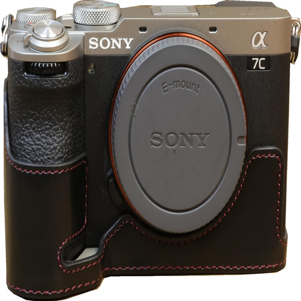 A7C II Case, BMAOLLONGB Handmade PU Leather Half Camera Case Bag Cover Bottom Opening Version for Sony Alpha A7C II with Hand Strap (Black)
