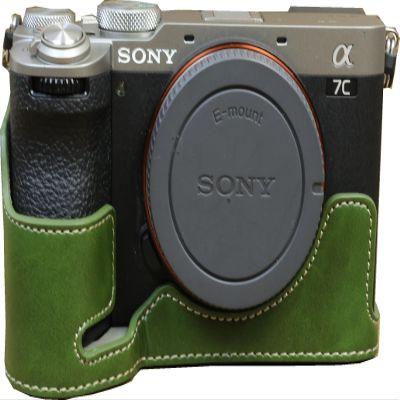 A7C II Case, BMAOLLONGB Handmade PU Leather Half Camera Case Bag Cover Bottom Opening Version for Sony Alpha A7C II with Hand Strap (Green)