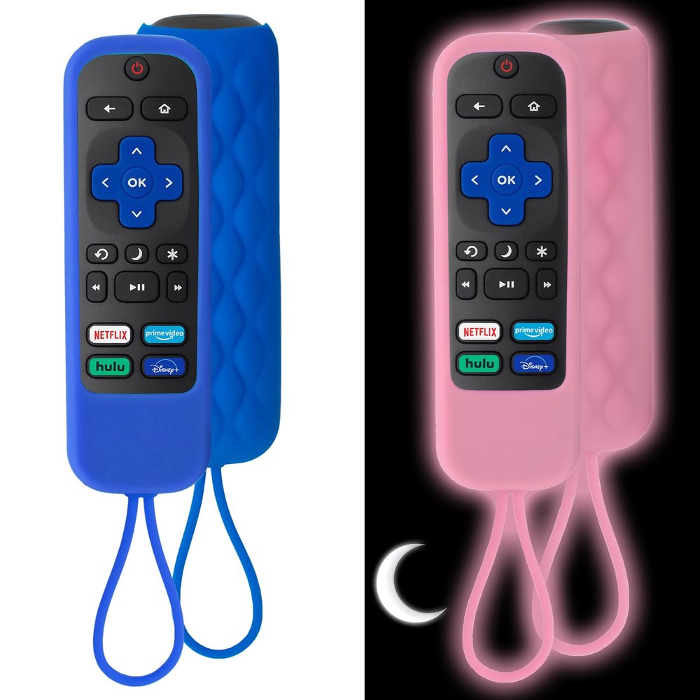 2 Pack Case for Roku Express/Streaming Stick/Premiere - Silicone Remote Cover for TCL Roku TV Remote Sleeve Skin Smart TV Remote Sleeve with Loop Protective Cover (Sea Blue not Glow + Glow Pink)