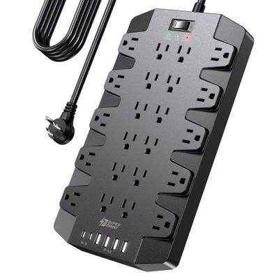 10 Ft Extension Cord Power Strips with Surge Protection, SUPERDANNY Surge Protector with 22 Outlets, 2 USB-C and 4 USB-A, 2100J, 10Ft Flat Plug Heavy Duty Extension Cord (1875W/15A) for Home, Office
