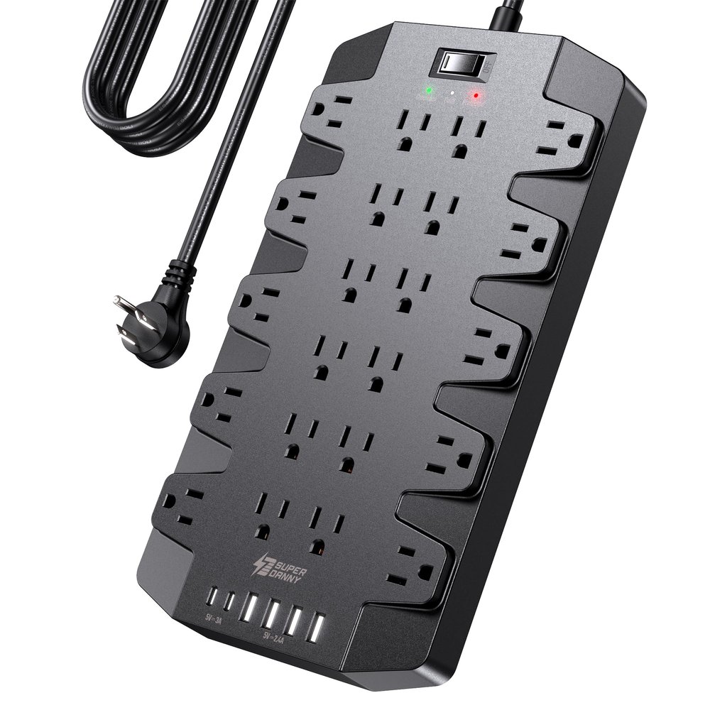 10 Ft Extension Cord Power Strips with Surge Protection, SUPERDANNY Surge Protector with 22 Outlets, 2 USB-C and 4 USB-A, 2100J, 10Ft Flat Plug Heavy Duty Extension Cord (1875W/15A) for Home, Office