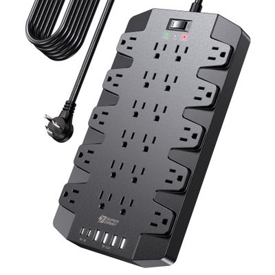 15 Ft Extension Cord Power Strips with Surge Protection, SUPERDANNY Surge Protector with 22 Outlets, 2 USB-C and 4 USB-A, 2100J, 15Ft Flat Plug Heavy Duty Extension Cord (1875W/15A) for Office, School
