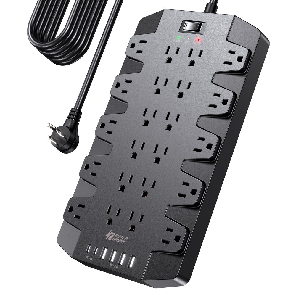 15 Ft Extension Cord Power Strips with Surge Protection, SUPERDANNY Surge Protector with 22 Outlets, 2 USB-C and 4 USB-A, 2100J, 15Ft Flat Plug Heavy Duty Extension Cord (1875W/15A) for Office, School