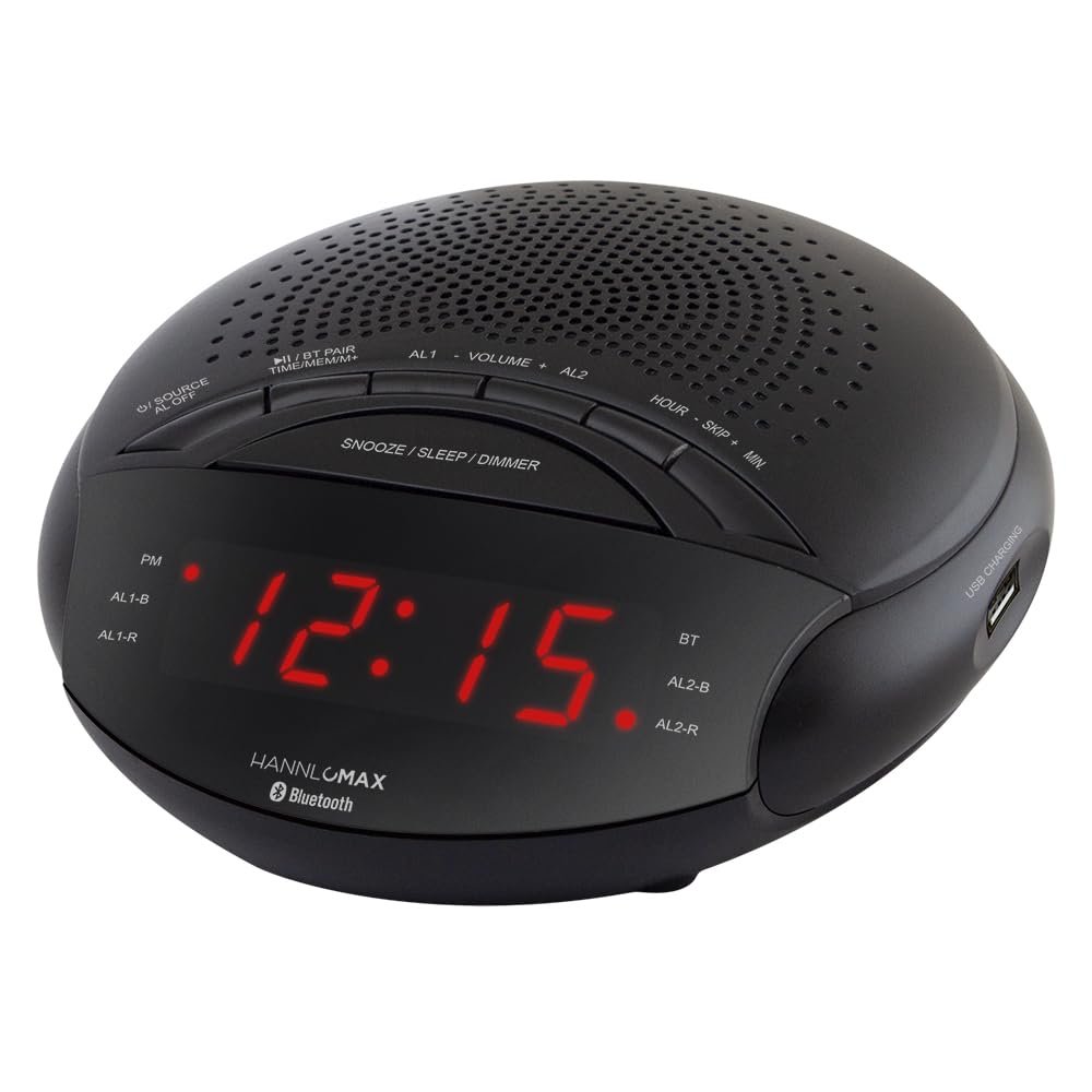 HANNLOMAX HX-139CR Alarm Clock Radio, PLL FM Radio with Preset Stations, Dual Alarm, 0.6 Red LED Display, USB Port for 1A Charging, Bluetooth, AC Power Operation only. (Black)