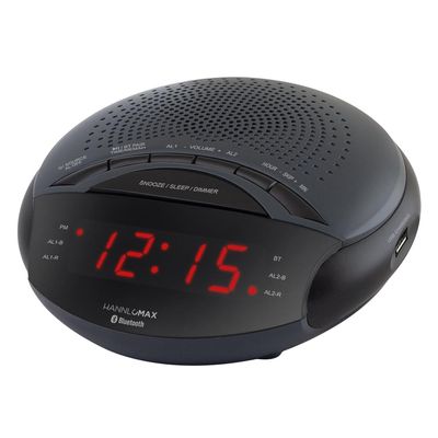 HANNLOMAX HX-139CR Alarm Clock Radio, PLL FM Radio with Preset Stations, Dual Alarm, 0.6 Red LED Display, USB Port for 1A Charging, Bluetooth, AC Power Operation only. (Dark Grey)