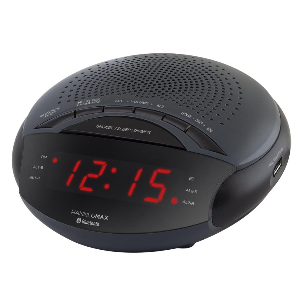 HANNLOMAX HX-139CR Alarm Clock Radio, PLL FM Radio with Preset Stations, Dual Alarm, 0.6 Red LED Display, USB Port for 1A Charging, Bluetooth, AC Power Operation only. (Dark Grey)