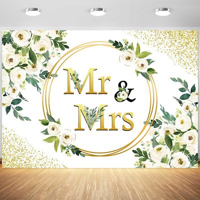 10x8ft Wedding Backdrop Mr Mrs White Flowers Gold Spots Photography Background Bridal Shower Party Anniversary Banner Cake Table Decorations Supplies Photo Booth Props