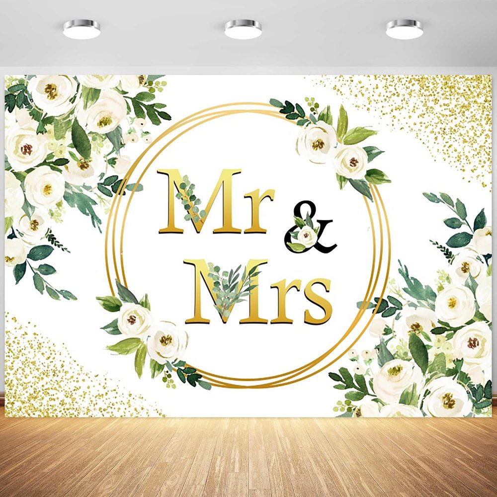 10x8ft Wedding Backdrop Mr Mrs White Flowers Gold Spots Photography Background Bridal Shower Party Anniversary Banner Cake Table Decorations Supplies Photo Booth Props