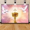 Laeacco 12x10ft Peace Dove Backdrop Holy Light Spirit Bird Jesus Christ Heaven White Dove Gold Chalice Photography Background Church Event Party Decor Christian Activities Banner Photo Booth Props view 4