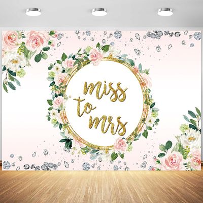 12x8ft Miss to Mrs Backdrop Pink Flowers Gold Photography Background Bridal Shower Wedding Party Banner Cake Table Decorations Supplies Photo Booth Props