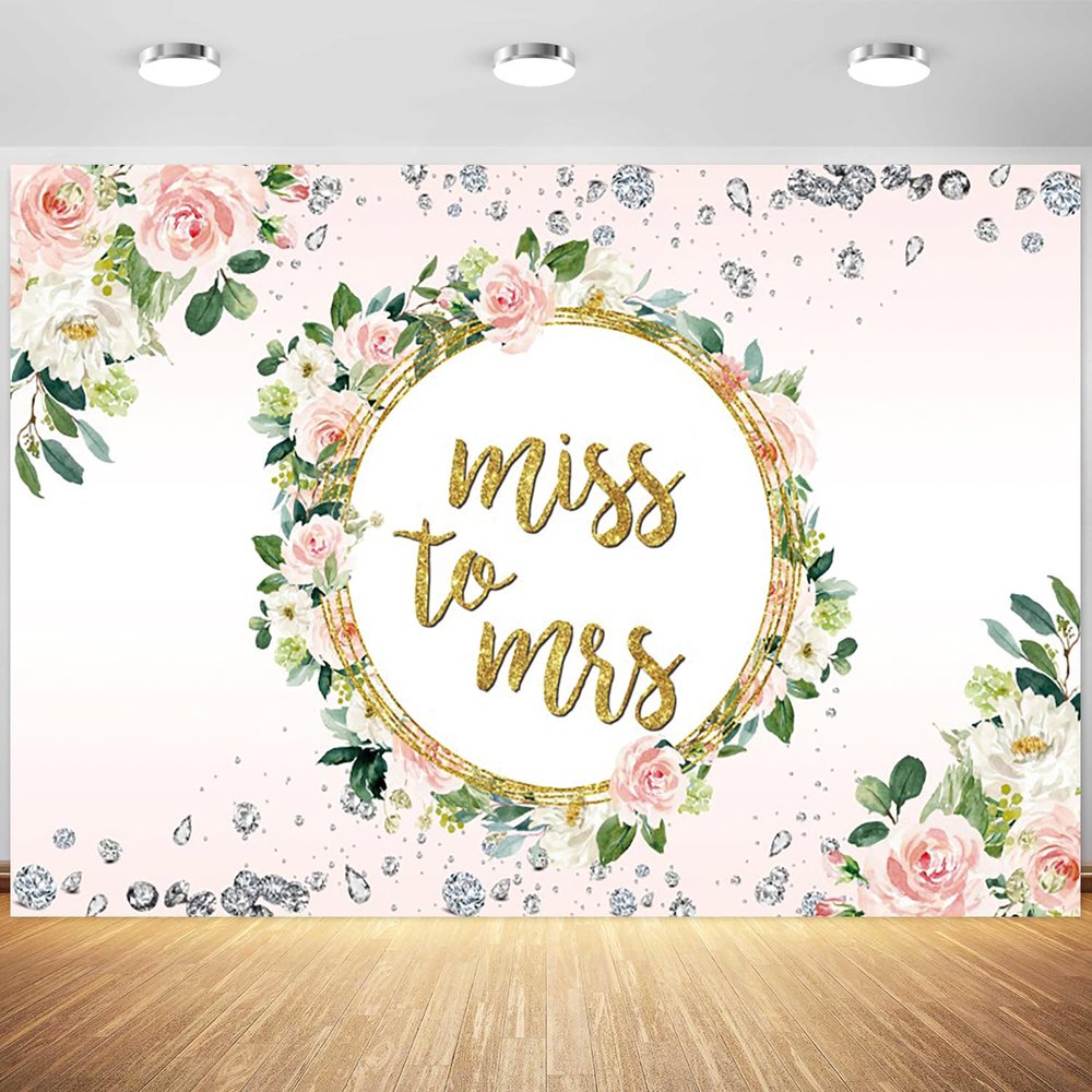 12x8ft Miss to Mrs Backdrop Pink Flowers Gold Photography Background Bridal Shower Wedding Party Banner Cake Table Decorations Supplies Photo Booth Props