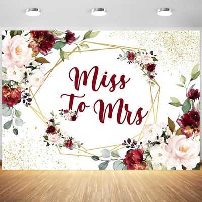 10x6.5ft Miss to Mrs Backdrop Burgundy Red Floral Gold Spots Bridal Shower Photography Background Bride to Be Wedding Party Cake Table Banner Decorations Supplies Photo Booth Props