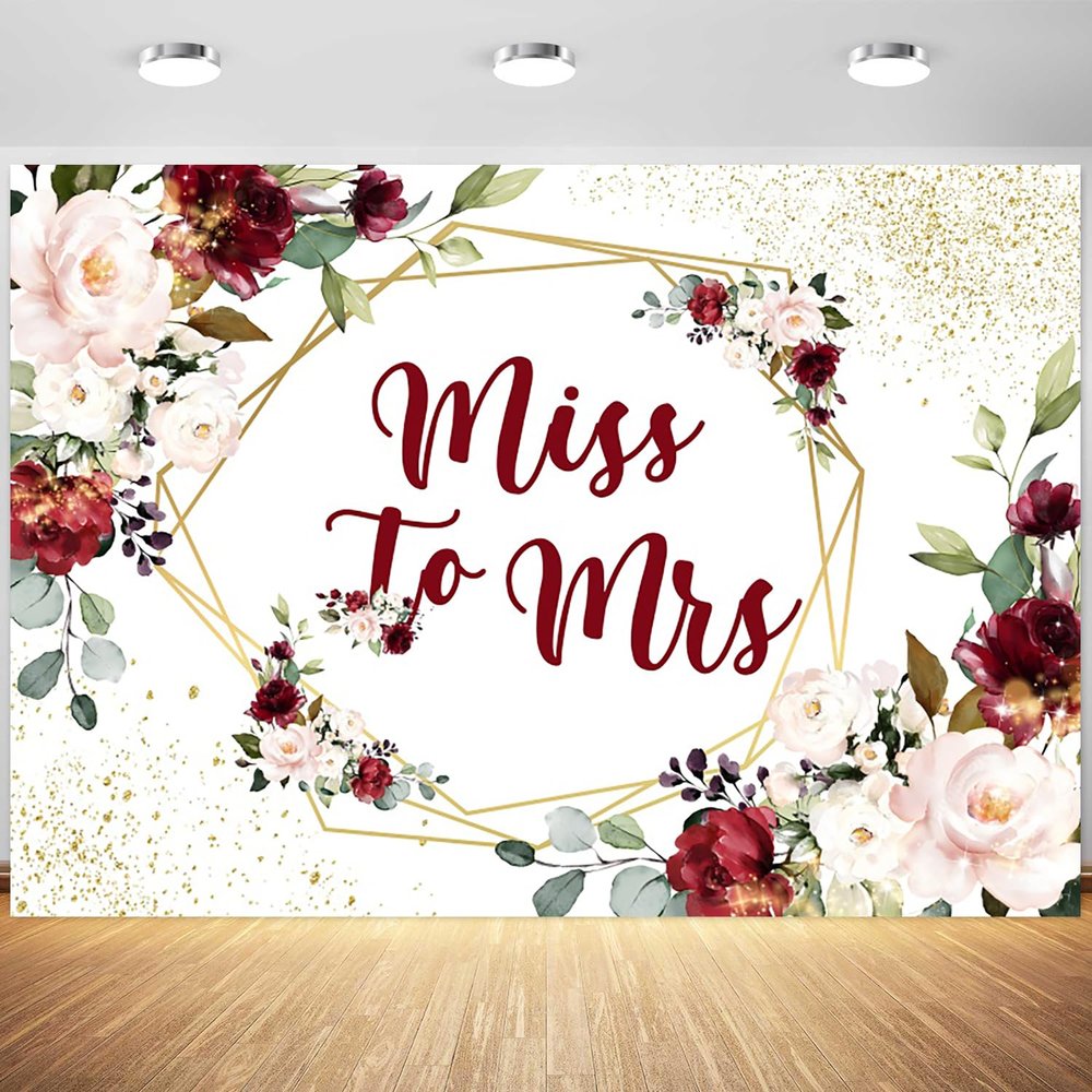 10x6.5ft Miss to Mrs Backdrop Burgundy Red Floral Gold Spots Bridal Shower Photography Background Bride to Be Wedding Party Cake Table Banner Decorations Supplies Photo Booth Props
