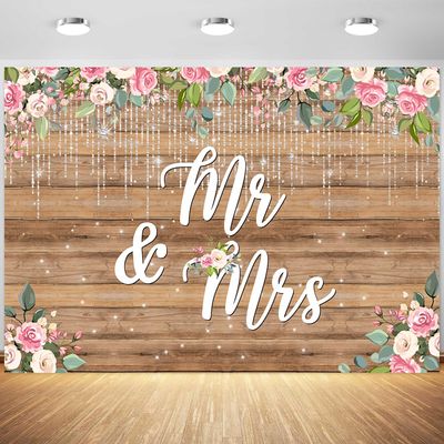 10x6.5ft Mr and Mrs Backdrop Rustic Wood White Flowers Bridal Shower Photography Background Wedding Party Bride to Be Engagement Banner Decorations Cake Table Supplies Photo Booth Props