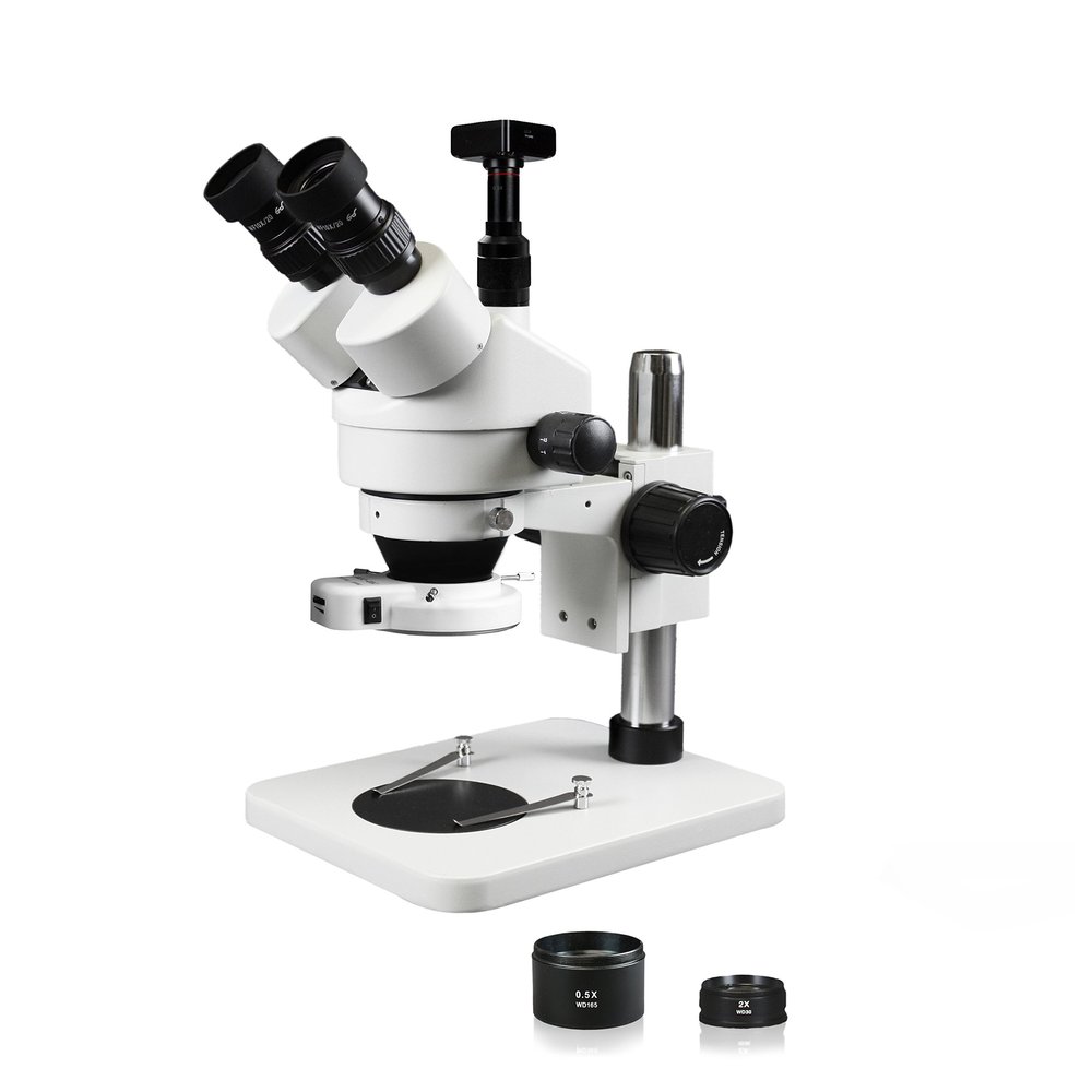 Vision Scientific VS-1AFZ-IFR07-5607NS Simul-Focal Trinocular Zoom Stereo Microscope, 10x Widefield Eyepiece, 0.7X-4.5X Zoom Range, 7x-45x Magnification Range, Pillar Stand, 16MP Digital Camera