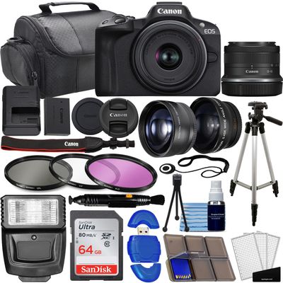 Canon EOS R50 Mirrorless Camera with Canon RF-S 18-45mm f/4.5-6.3 is STM Lens + Wide Angle Lens + Telephoto Lens + 64GB Memory Card + 3 Pc Filter Kit + Case + Flash + Tripod + More (37pc Bundle) (Renewed)