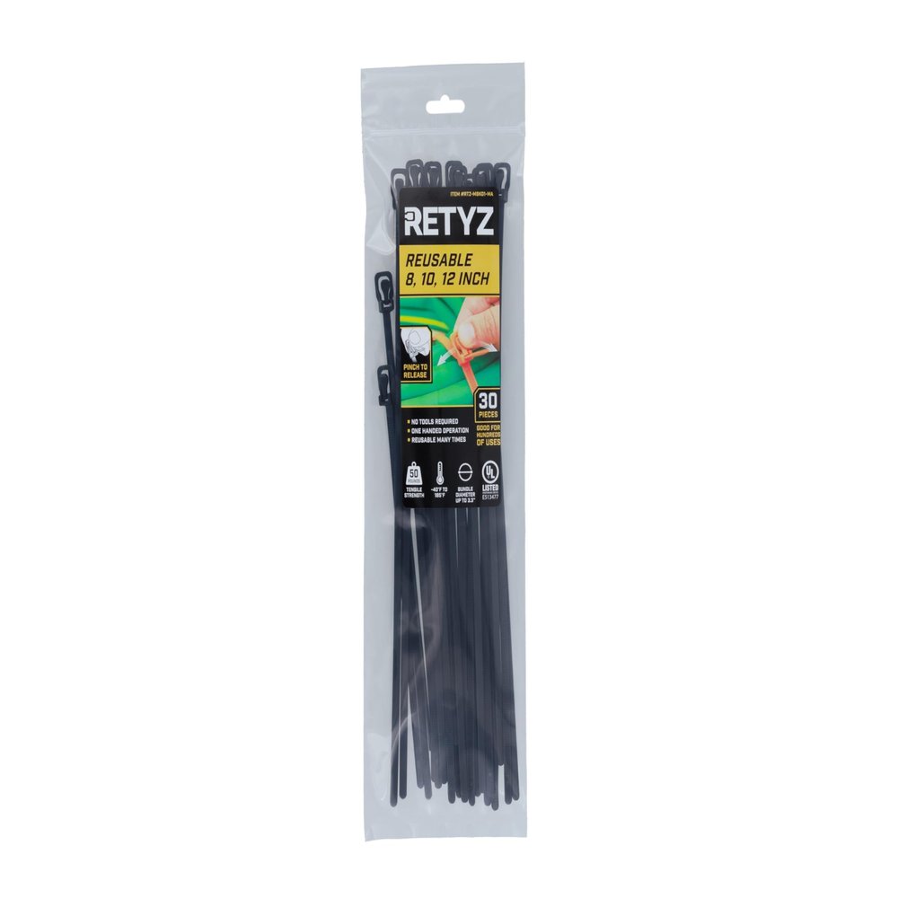 RETYZ Releasable Cable Ties Combo Pack, 30 Pack, 50 lb Tensile Strength, Multi-Size (8-Inch, 10-Inch, 12-Inch), All Black, Heavy Duty Zip Ties, Reusable, Patented Quick-Release Design