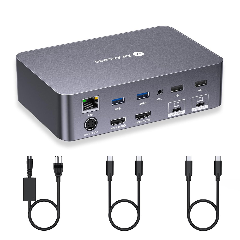 AV Access KVM Switch Dock 2 Monitors 2 Laptops, 4K KVM Switch Dual HDMI Monitor, 2 USB-C MST Ports, 60W PD for Each PC, 1G Ethernet, EDID Emulation, 2K@144Hz,1080P@240Hz,Ideal for Home Office & Gaming