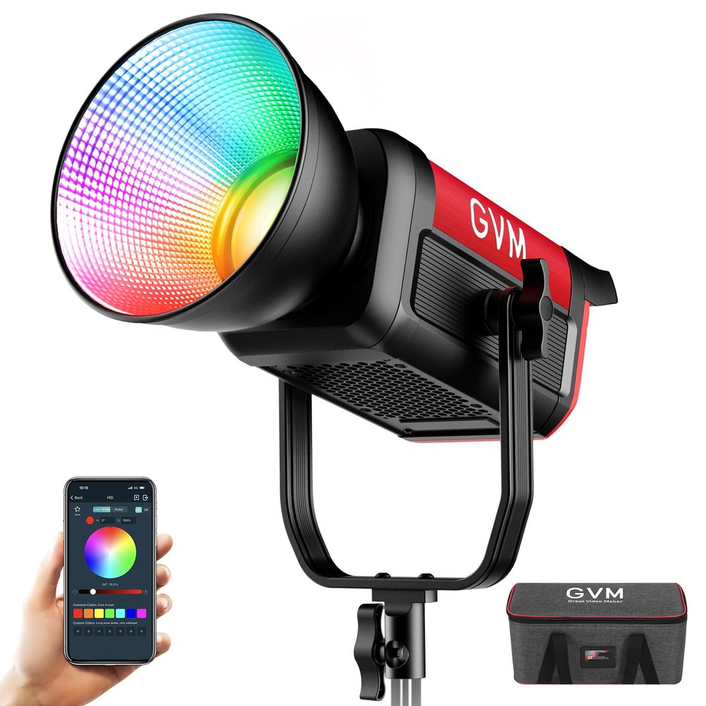 GVM 300C RGB Video Light, 300W Studio Light 2000K-10000K,48,200 Lux@ 1m with Reflector Photography Lighting with Bowens Mount & DMX Control, Studio Light for Film Recording,16 Lighting Effects