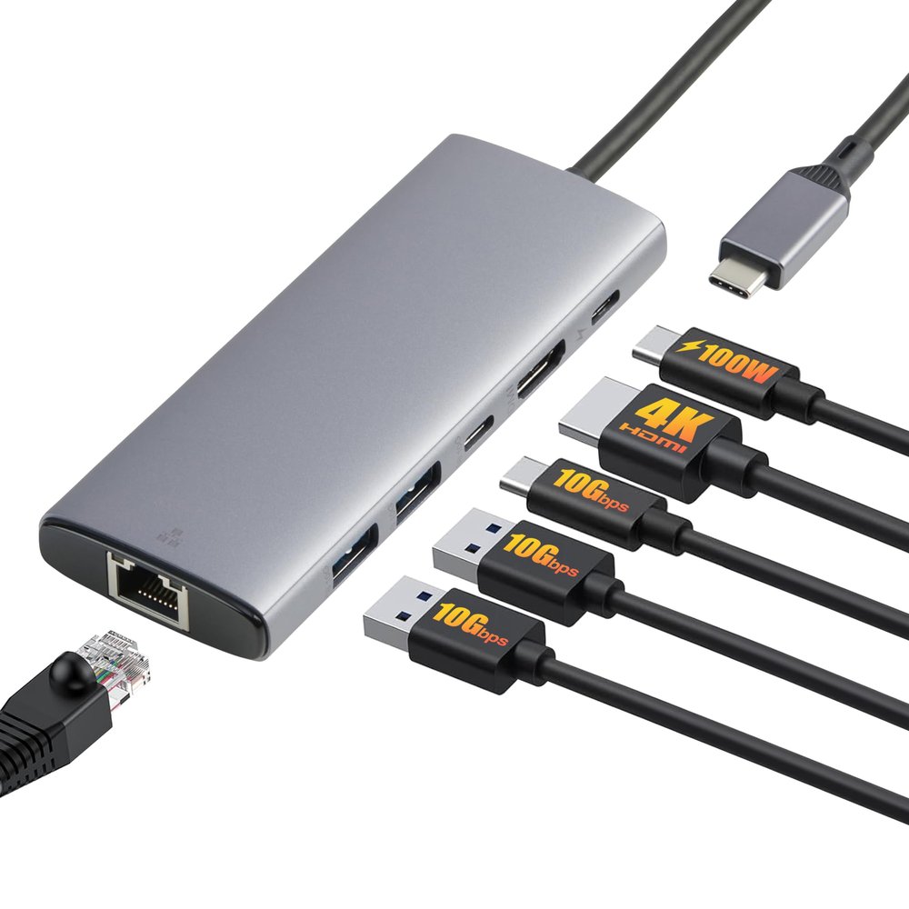 Amazon Basics 6-in-1 USB-C 3.2 (10G) Hub, 1 USB-C 100W PD Input, 2 USB-A, 1 USB-C, HDMI 4K, Ethernet, Light Grey, Light Grey, 4.70 x 1.81 x 0.59 inches