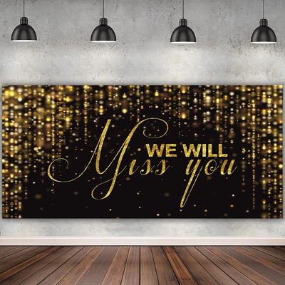 DORCEV We Will Miss You Backdrop Banner 15x8ft Black Gold Going Away Party Photo Backdrop Background Men Women Goodbye Office Work Congrats Retirement Farewell Anniversary Graduation Party Decors