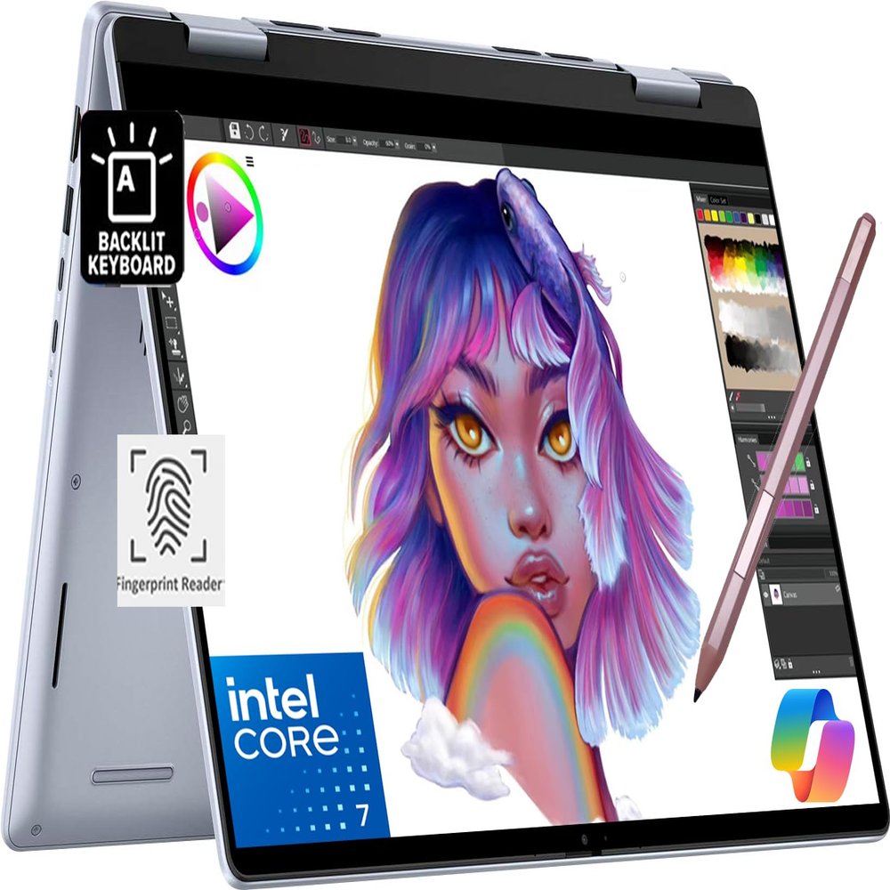 Dell Inspiron 14 7430 2-in-1 Business Laptop (14" FHD+ Touchscreen, Intel 10-Core i7-1355U, 16GB LPDDR5 RAM, 1TB SSD, Active Stylus) Backlit, FP, FHD Webcam, 2024 Inspiron 7000, Win 11 Pro, Silver