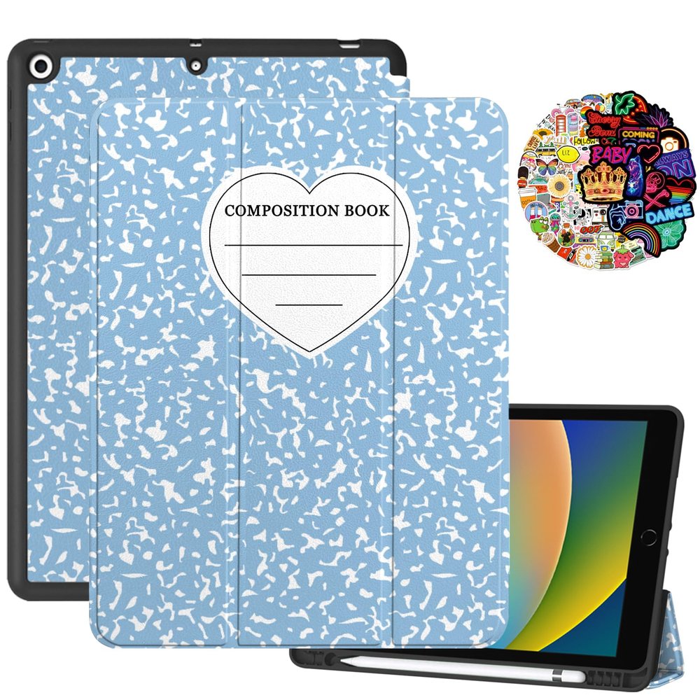 Cabreche Compatible with iPad 10.2 inch Case,9th /8th /7th Generation Case (2021/2020/2019) Pencil Holder Stickers Auto Sleep/Wake Cover Girls Women Cute Preppy Notebook Composition Book-Blue