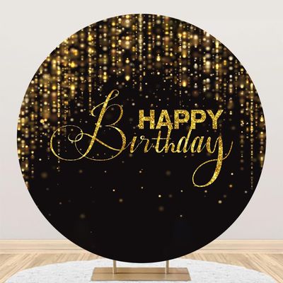 DORCEV Happy Birthday Round Backdrop Cover 7.2x7.2ft Luxury Black and Gold Birthday Party Circle Backdrop Background for Photography Bokeh Glitter Men Birthday Party Decorations Supplies Studio Props