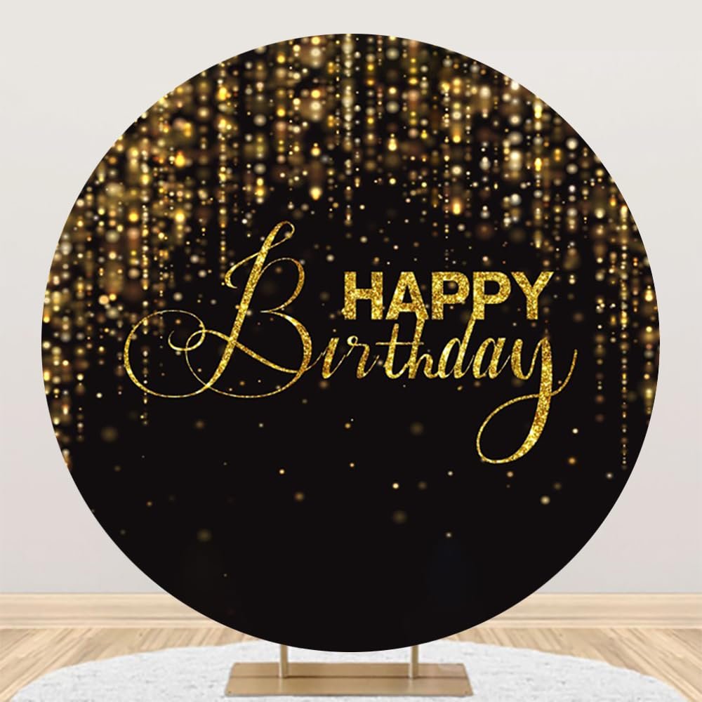 DORCEV Happy Birthday Round Backdrop Cover 7.2x7.2ft Luxury Black and Gold Birthday Party Circle Backdrop Background for Photography Bokeh Glitter Men Birthday Party Decorations Supplies Studio Props