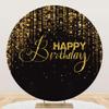 DORCEV Happy Birthday Round Backdrop Cover 7.2x7.2ft Luxury Black and Gold Birthday Party Circle Backdrop Background for Photography Bokeh Glitter Men Birthday Party Decorations Supplies Studio Props view 1