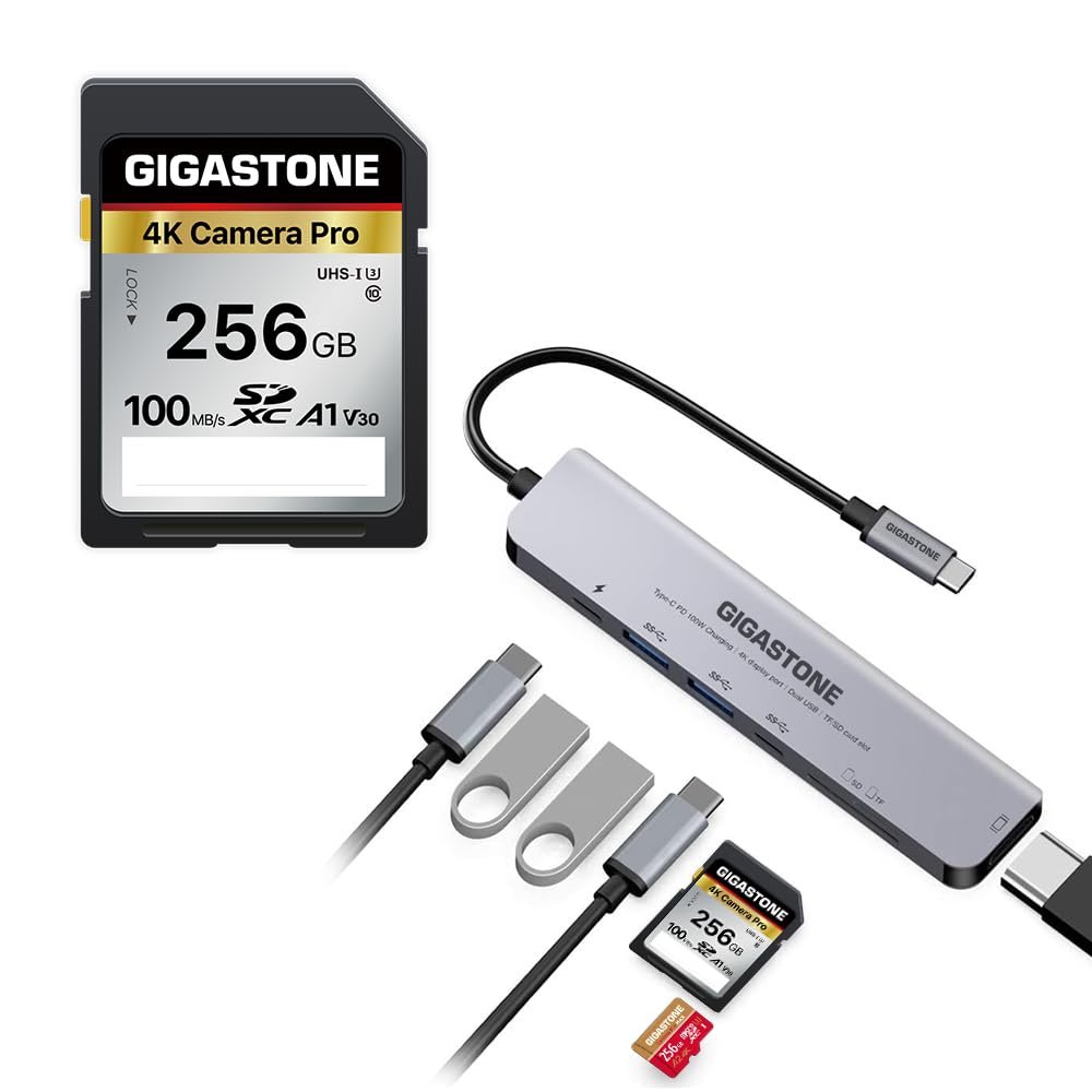 [SD/microSD Card Reader] GIGASTONE 7-in-1 USB C Hub 4K HDMI PD 100W Thunderbolt Docking Station