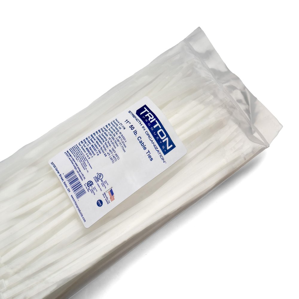 Triton Products 11" Nylon Zip Ties - 50 LB Tensile Strength, Heavy Duty Indoor Outdoor Cable Ties, 100 Pack (Natural)
