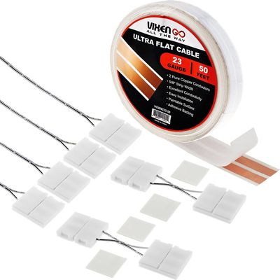 Vixen Go Hidden Flat Wire 2 Conductor 23 Gauge Paintable Cable for LED Lighting, Smart Doorbell, Audio Speakers, Low Voltage Appliances 50 FT + 4 Quick Connectors & 2 L Shaped Connectors