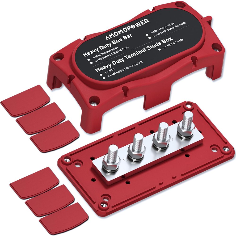 Ambuker 300A Busbar 12-48V DC Heavy Duty Copper Power Distribution Block 4 X M8 (5/16") Terminals Studs 8 Srews with Waterproof Cover Battery Bus Bar for Automotive RV Marine Truck Solar System(Red)
